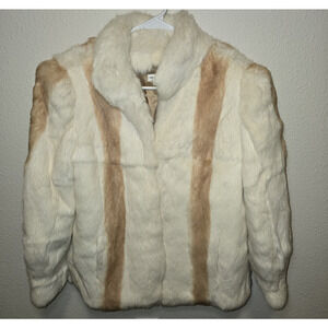 Genuine Rabbit Fur Jacket Cream & Tan French Origin Satin Lined Hook & Eye Med